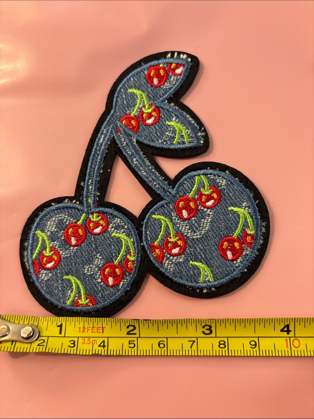 Denim Cherry Patch Iron-On - Red & Blue Embroidered Accent